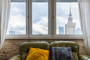 Warsaw, Poland apartment view through window on Palace of culture and science aerial high angle view on cityscape skyline in downtown