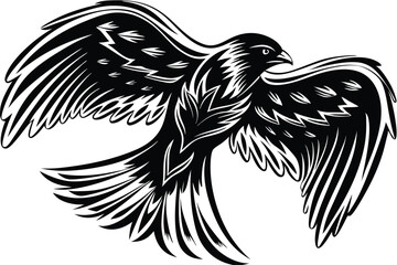 Black soaring eagle spreads powerful wings, showcasing tribal style in monochromatic outline