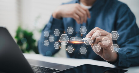 Businessman touching procurement interface with digital icons for logistics purchasing supply chain management system automation AI finance technology solution