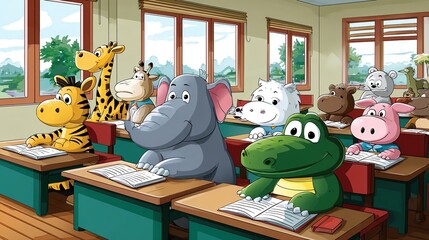 A vibrant classroom filled with cartoon animals learning and having fun together, showcasing teamwork and education.