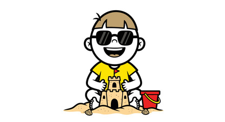 Cartoon Vector SVG Illustration of Boy Building Sandcastle with Sunglasses Modern Flat Style Bright Colors