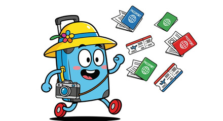 Playful Vector SVG Icon Set with Cartoon Character and Passport Illustrations in Flat Design Style