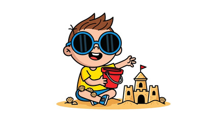 Cute Cartoon Vector SVG Illustration of Boy Building Sandcastle in Minimalist Flat Style with Bright Colors for Kids Entertainment and Summer Theme