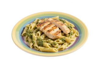Grilled Chicken and Pesto Pasta on White Background