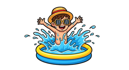 Vector SVG Illustration of Child in Inflatable Pool with Water Splash in Modern Flat Style