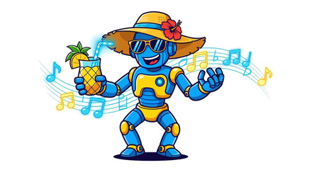 Vector SVG Illustration of Robot Character with Summer Accessories in Flat Design Style for Digital Media