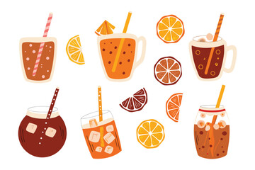 Refreshing Drinks Collection: A vibrant illustration showcasing an array of refreshing drinks, adorned with citrus slices and straws, perfect for adding a zest of color to any project.