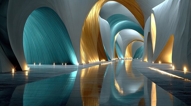 Futuristic abstract interior design featuring fluid organic forms metallic textures and dreamlike lighting in an open layout