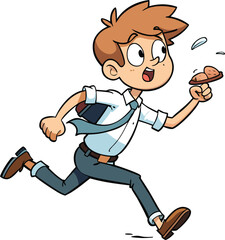  Teen Boy Running to School with Toast. Cartoon Scene
