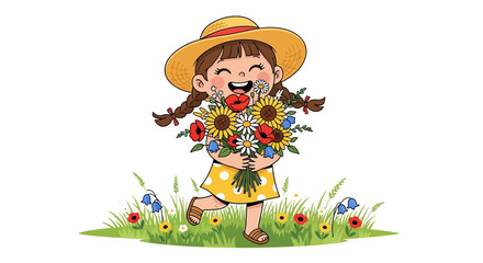 Illustration Vector SVG Cute Girl Holding Flower Bouquet with Sunflower Daisy and Bell Flowers in Flat Style Bright Colors