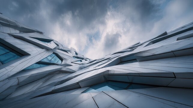 Avant-garde abstract facade with deconstructed geometry reflective surfaces and a dreamlike futuristic aesthetic