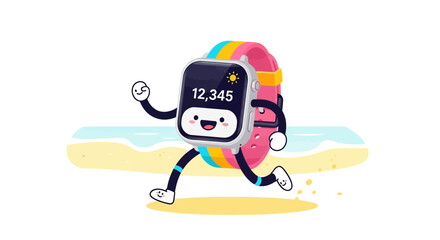 Vector Playful Cartoon SVG Illustration of a Smartwatch Character with Rainbow Strap in Flat Modern Style for Kids and Tech Branding