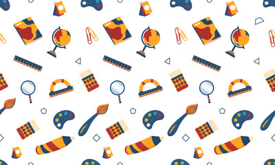 Seamless Back to School Pattern with Globe, Pencil, Eraser, Paint Palette, Brush, Magnifier, and Ruler – Colorful Flat Education Icons on White Background