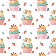 seamless watercolor pattern cat on white background