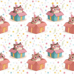 seamless watercolor pattern cat on white background