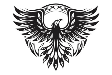 Black stylized phoenix soars with intricate feather details and decorative circle motif
