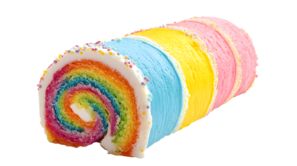 A colorful cake with rainbow stripes and sprinkles. The cake is long and has a spiral shape