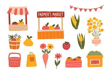 Fresh Market Delights: An array of illustrations, showcasing the vibrancy of a farmer's market with colorful produce, inviting stalls, and fresh blooms. 