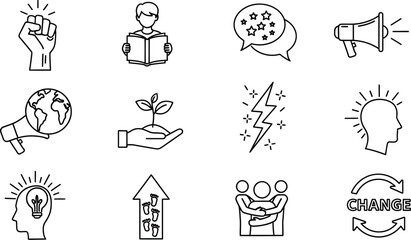 Naklejka premium Vector art of set of linear icons representing various concepts such as power, knowledge, growth, innovation, and collaboration