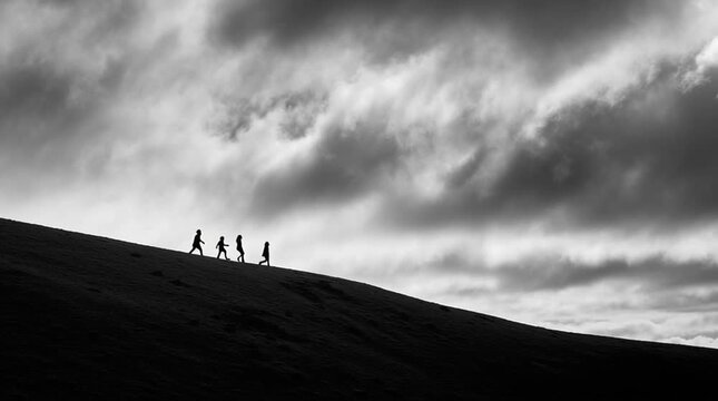 Wide cinematic shot of a family as tiny silhouettes walking along a high hill ridge beneath a vast, cloudy sky, emphasizing scale, journey, resilience, and the immensity of the world around them.
