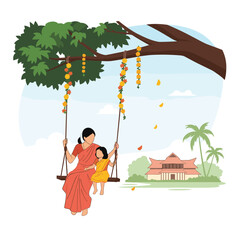 A mother and daughter enjoy a joyous swing ride beneath a flowering tree in a tropical setting