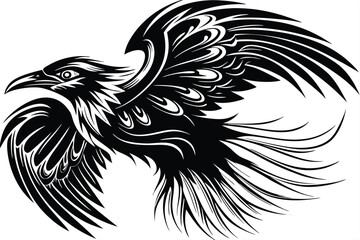An illustrative black raven soars with intricate feather details, showcasing wings spread in artistic style