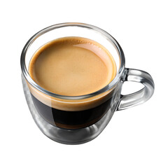 "Clear glass espresso cup with a small handle, filled with dark coffee and crema on top, isolated on transparent background, top-down view"
