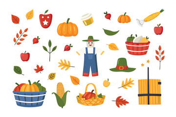 Harvest Bounty: A vibrant collection of autumn elements is artfully arranged, featuring pumpkins, leaves, apples, and a scarecrow.