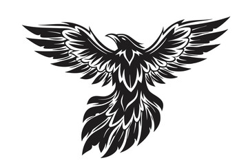 Black silhouette phoenix with textured plumage majestically spreads its wings widely on white