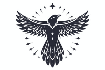 A stylized raven spreads its wings, surrounded by geometric starbursts, rendered in monochrome