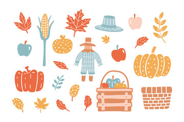 Harvest's Embrace: A vibrant autumnal assortment of seasonal harvest elements, including pumpkins, apples, leaves, and a straw figure. celebrating the spirit of harvest.