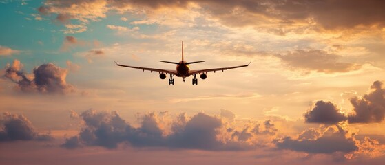 Obraz premium The airplane soaring through a colorful sunset sky with dramatic clouds.