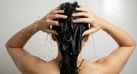 Woman washing hair in shower with water pouring over head and shoulders