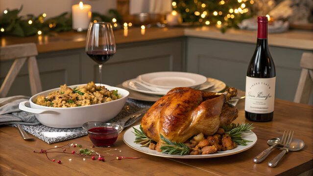 Delicious thanksgiving dinner with roasted turkey stuffing and wine perfect for holiday celebration - Powered by Adobe