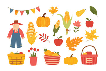 Autumn Harvest: A vibrant collection of seasonal elements celebrating the spirit of harvest, featuring pumpkins, corn, leaves, scarecrows, and baskets, showcasing the bounty and colors of the season