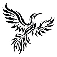 Black depicts stylized bird soaring with elegantly patterned wings, creating a graceful impression