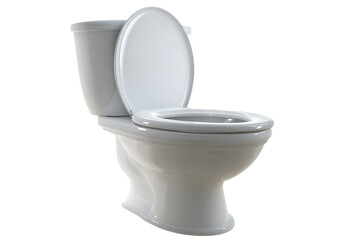 White ceramic toilet bowl with open seat isolated on transparent background