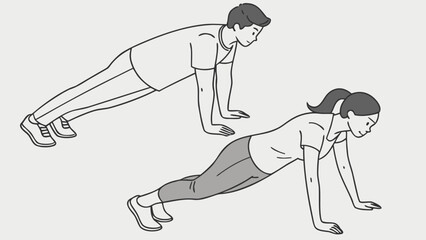 Vector illustration of a man and woman in four-limbed staff pose, preparing for push-up yoga exercise.
