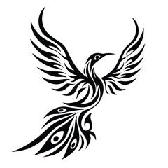 Black decorative bird soars, displaying its stylized wings, a captivating feathered design