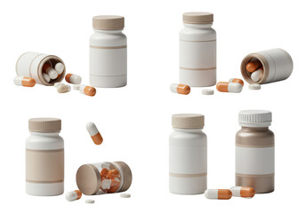 Photo of several medicine bottles with blank labels and scattered capsules are isolated on a transparent background, showcasing pharmaceutical products