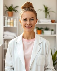 Portrait of smiling female doctor in white coat in modern skincare clinic
