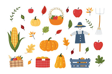 Autumn's Harvest: A vibrant collection of autumnal elements, featuring pumpkins, apples, leaves, and a charming scarecrow, evokes the spirit of a bountiful harvest season.