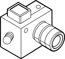 A clean, simple, and stylized isometric line drawing of a digital camera.