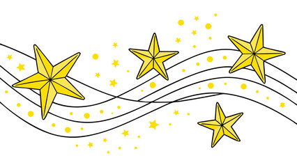 flowing yellow star trail design with curved lines magical celestial illustration decorative wave pattern elements isolated on white background.