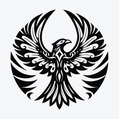 Fototapeta premium Black detailed phoenix design symmetrically spreads its wings in a circular shape against white