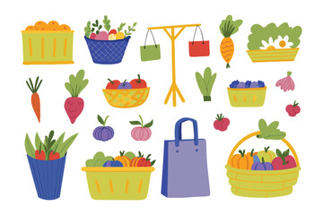 Fresh from the Harvest: A vibrant collection of hand-drawn illustrations features an array of freshly picked fruits and vegetables, showcasing the abundance of nature's gifts.