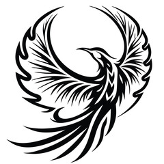 Obraz premium Detailed phoenix depiction with tribal elements showcases strong symbolic figure through bold black lines