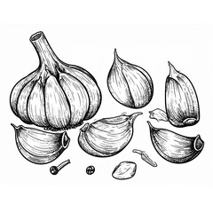 Hand-drawn black and white illustration of garlic bulb and cloves. Vector retro hand drawn illustration 