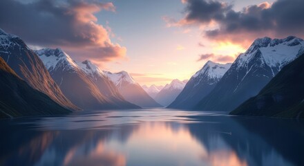 Obraz premium Majestic Mountain Landscape Reflecting Golden Sunset Sky