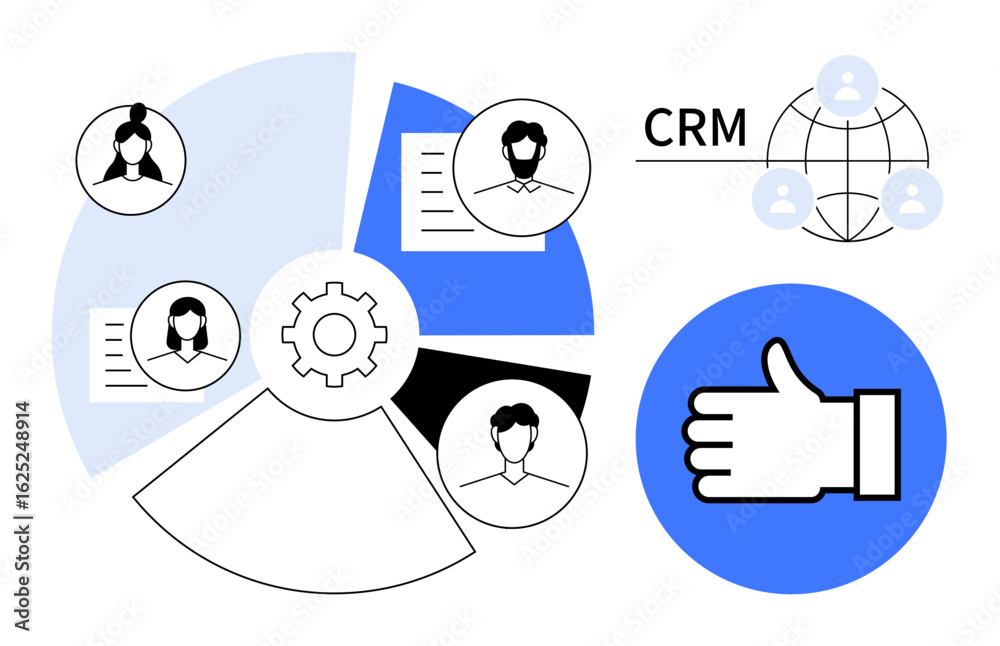 Wall mural user profiles within a segmented chart, gear icon symbolizing workflow, thumbs-up for positive feedb